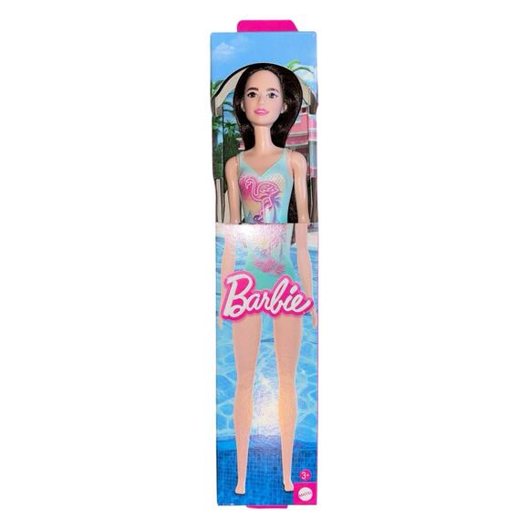 Beach Barbie Doll By Mattel W/ Black Hair Wearing Flamingo Swimsuit HXX51 NEW - Picture 1 of 5